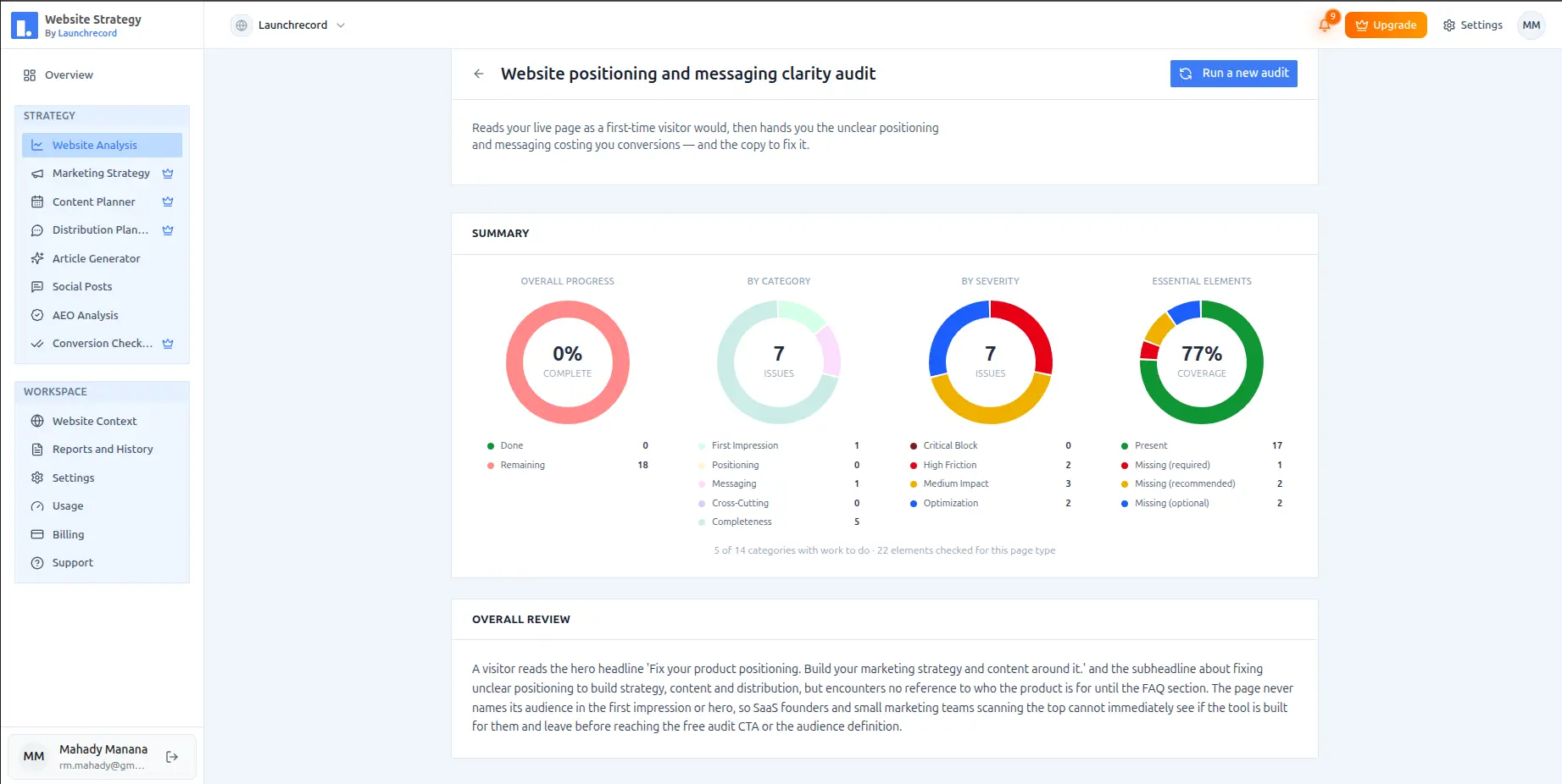 Launchrecord website analysis of a product's homepage